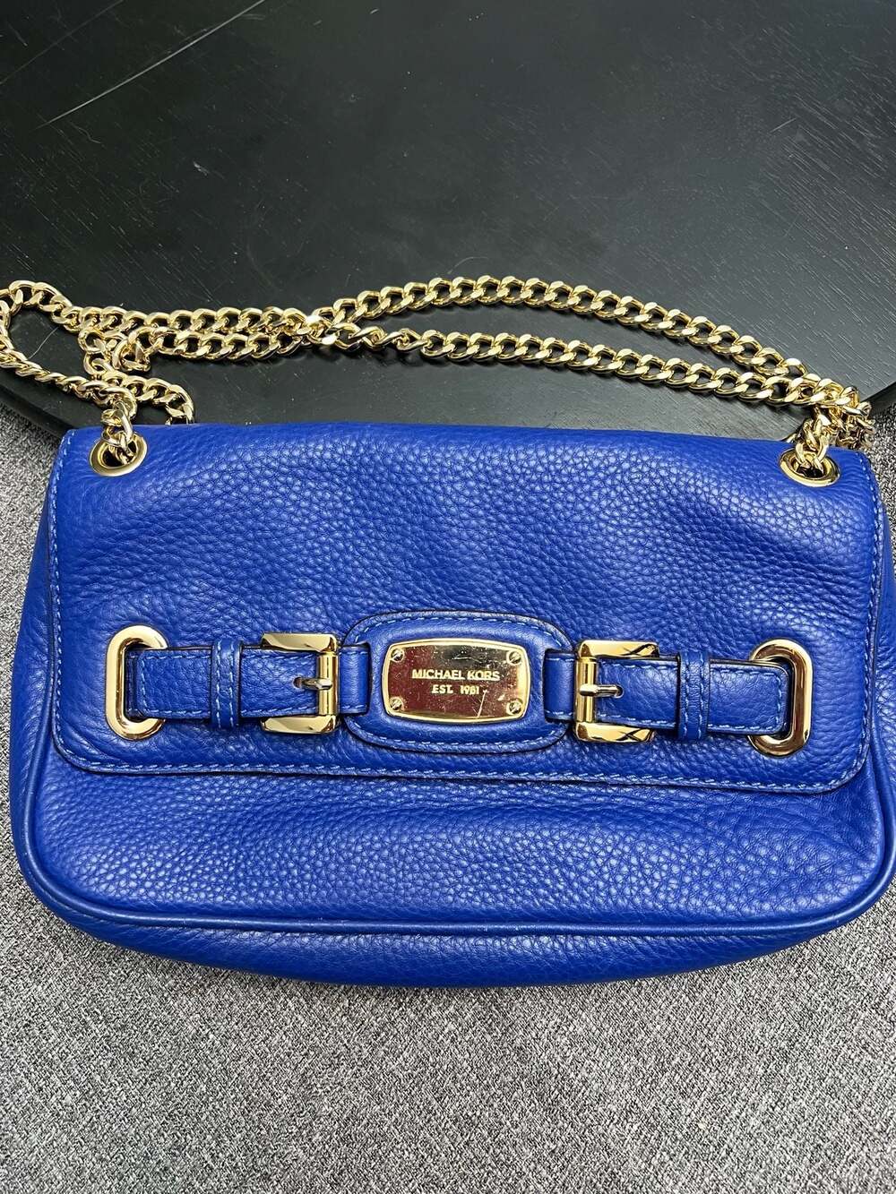 Michael Kors Hamilton Flap Shoulder Bag in Blue Leather with Gold-Tone Hardware